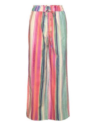 Multi-Coloured Striped Linen Trousers Bottoms Trousers Straight Leg Mu...