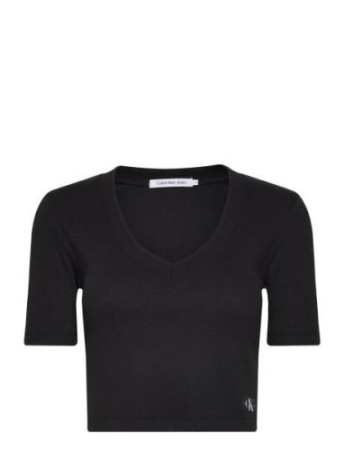 Woven Label Rib V-Neck Tee Tops Crop Tops Short-sleeved Crop Tops Blac...