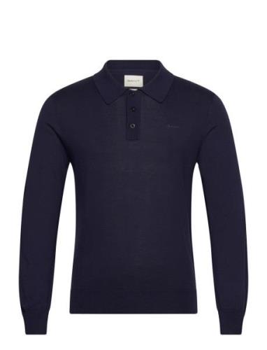 Fine Cotton Polo Tops Knitwear Long Sleeve Knitted Polos Blue GANT