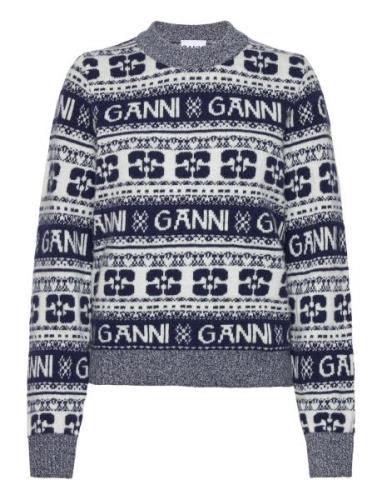 Logo Wool Mix Designers Knitwear Jumpers Blue Ganni