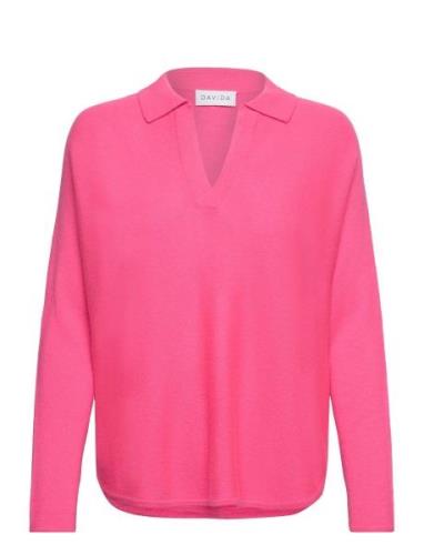 Curved Open Collar Designers Knitwear Jumpers Pink Davida Cashmere