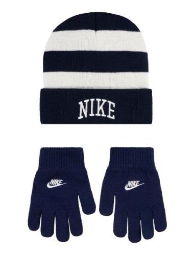 Nike Chunky Stripe Beanie And Gloves Set Accessories Headwear Hats Bea...