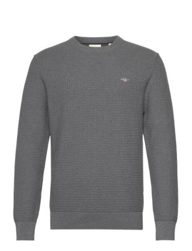 Cotton Textured C-Neck Tops Knitwear Round Necks Grey GANT