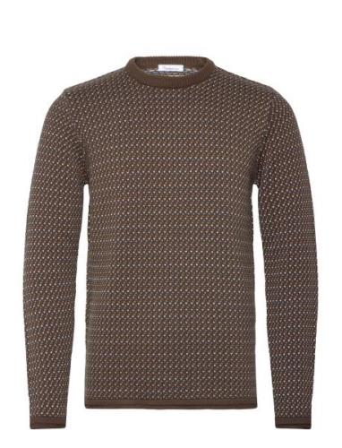 Jacquard Crew Neck Knit - Regenerat Tops Knitwear Round Necks Brown Kn...