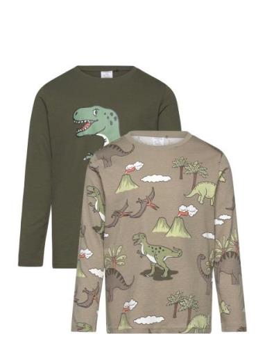 Top Ls Dino 2 Pack Tops T-shirts Long-sleeved T-Skjorte Green Lindex