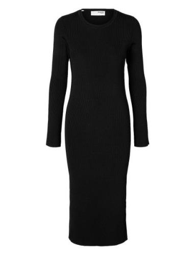 Slfcaro Ls Rib Knit Long Dress Knælang Kjole Black Selected Femme