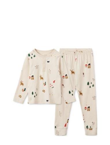 Wilhelm Printed Pyjamas Set Pyjamassæt Beige Liewood