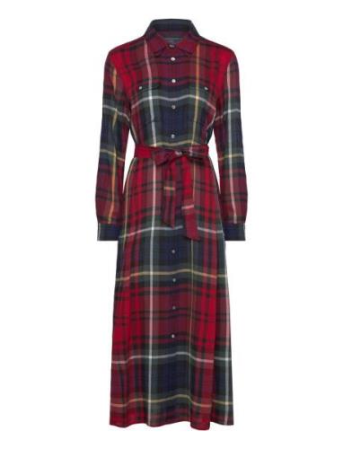 Belted Plaid Cotton-Blend Dress Maxikjole Festkjole Red Polo Ralph Lau...