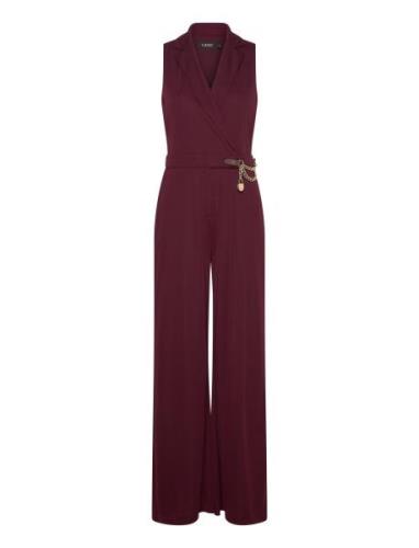 Chain-Trim Stretch Jersey Jumpsuit Bottoms Jumpsuits Burgundy Lauren R...