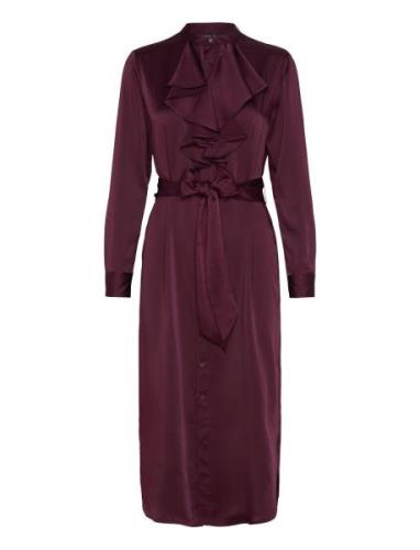 Ruffle-Trim Satin Charmeuse Shirtdress Knælang Kjole Burgundy Lauren R...