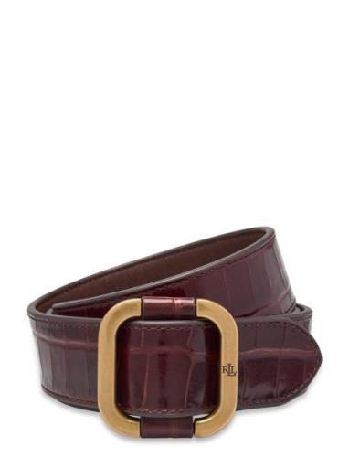 Slide-Buckle Croc-Embossed Leather Belt Bælte Brown Lauren Ralph Laure...