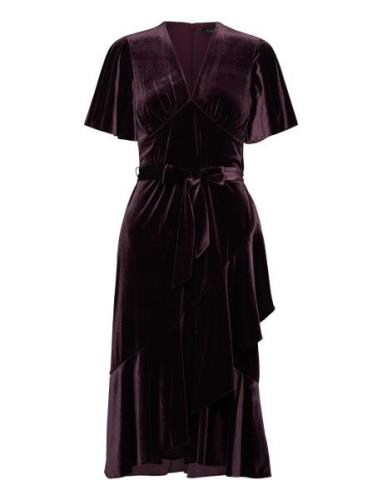 Belted Velvet Flutter-Sleeve Dress Knælang Kjole Burgundy Lauren Ralph...