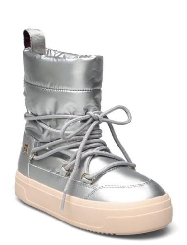 Lace-Up Metallic Snowboot Shoes Wintershoes Silver Tommy Hilfiger