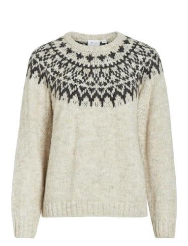 Viejla O-Neck L/S Jacquard Knit Top Tops Knitwear Jumpers Beige Vila