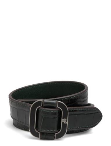 Slide-Buckle Croc-Embossed Leather Belt Bælte Khaki Green Lauren Ralph...