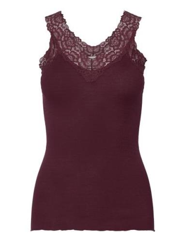 Organic Top W/ Lace Tops T-shirts & Tops Sleeveless Burgundy Rosemunde