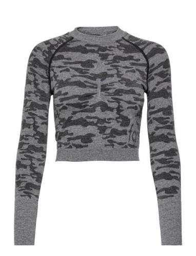 Camo Long Sleeve Crop Top Sport Crop Tops Long-sleeved Crop Tops Grey ...