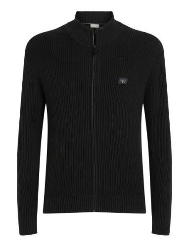 Woven Label Zip Through Sweater Tops Knitwear Cardigans Black Calvin K...