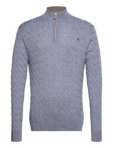 Merino Cable John Zip Designers Knitwear Half Zip Jumpers Blue Morris