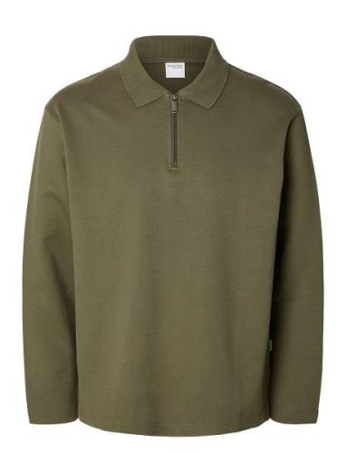 Slhrelaxhank Ls Polo Sweat Tops Polos Long-sleeved Khaki Green Selecte...