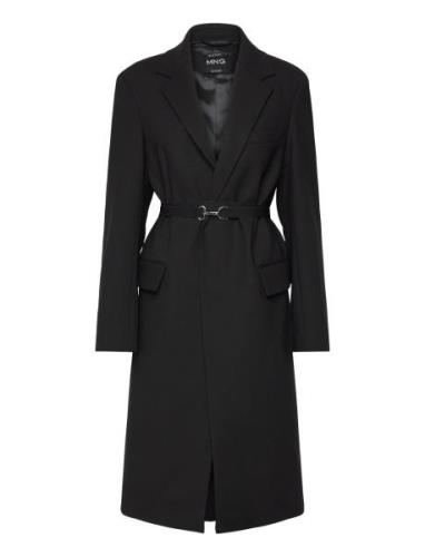 Structured Double Fabric Coat With Belt Uldfrakke Frakke Black Mango