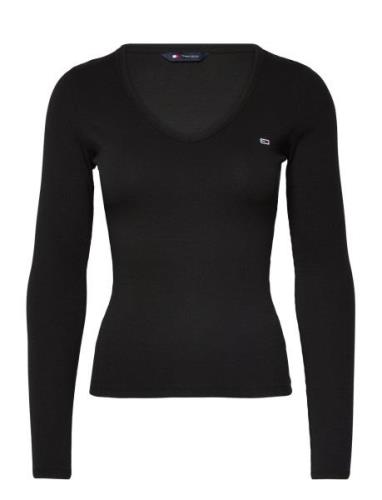 Tjw Slim Essential Rib V Ls Tops T-shirts & Tops Long-sleeved Black To...