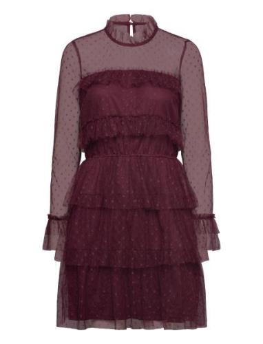 Rhoda Dotted Mesh L/S Dress Dresses Evening Dresses Burgundy Bubbleroo...