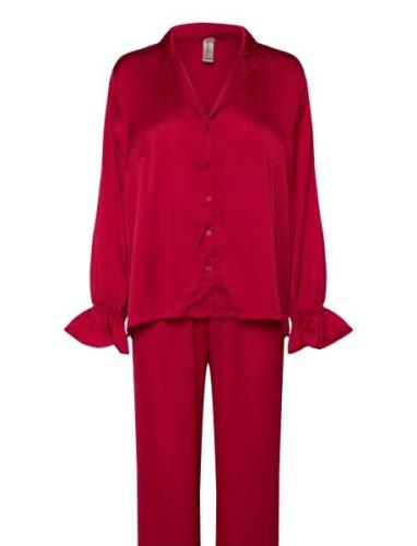 Set Satin Frill Pyjamas Nattøj Red Lindex