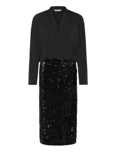 Sequin Trumpet Sleeve Midi Dress Knælang Kjole Black Bubbleroom