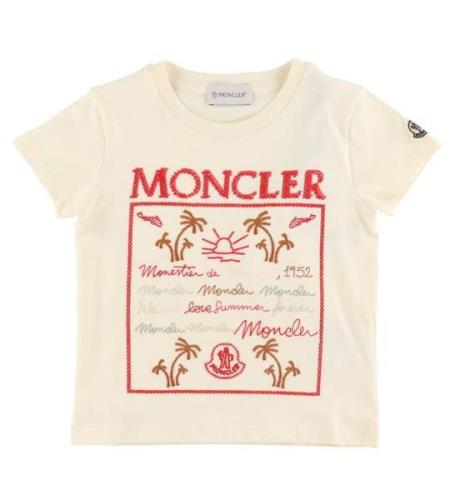 Moncler T-shirt - Cream/RÃ¸d m. Broderi